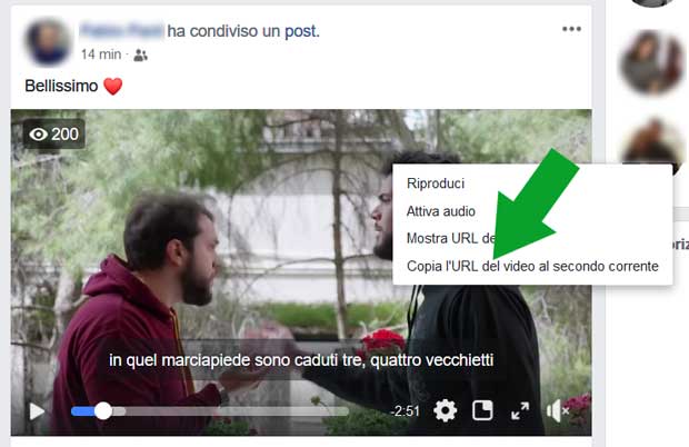 copiare la URL del video di Facebook