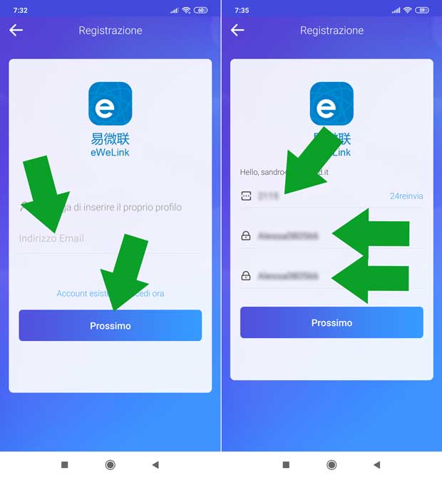 Procedura di registrazione - invio codice eWeLink