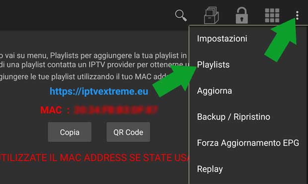 IPTV Extreme - Menu → Playlists