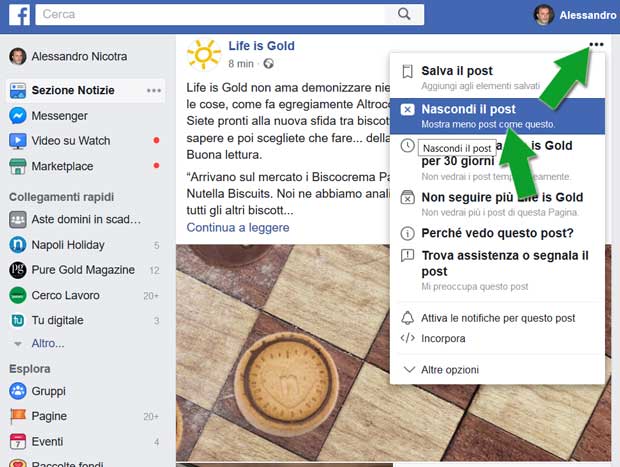 nascondere post su FB