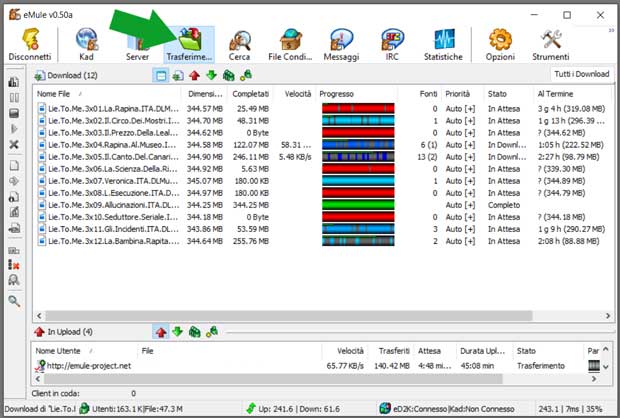 la sezione trasferimenti di eMule