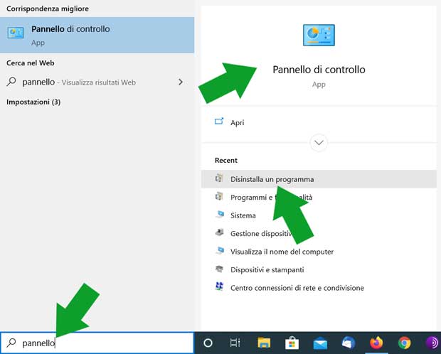 disinstallare un programma dal pannello di controllo